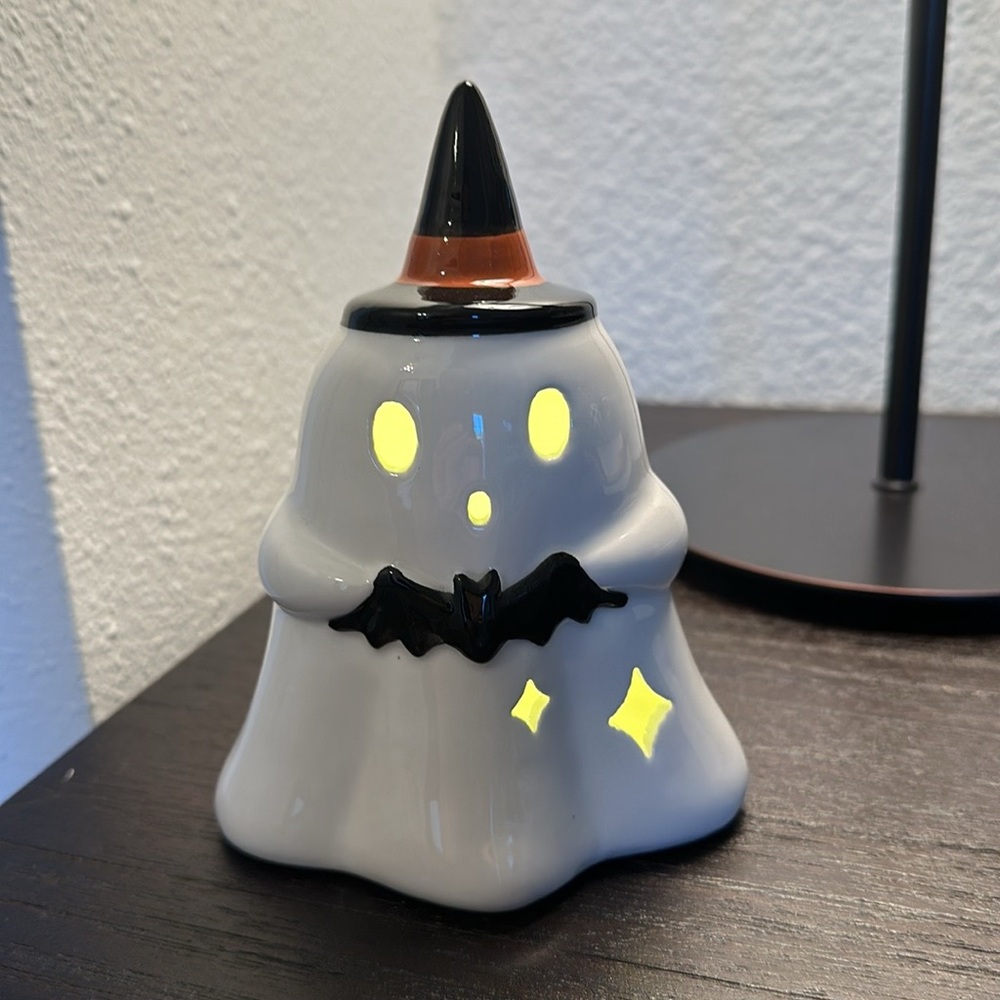 Light Up Ceramic Halloween Ghost with Witch Hat and Bat